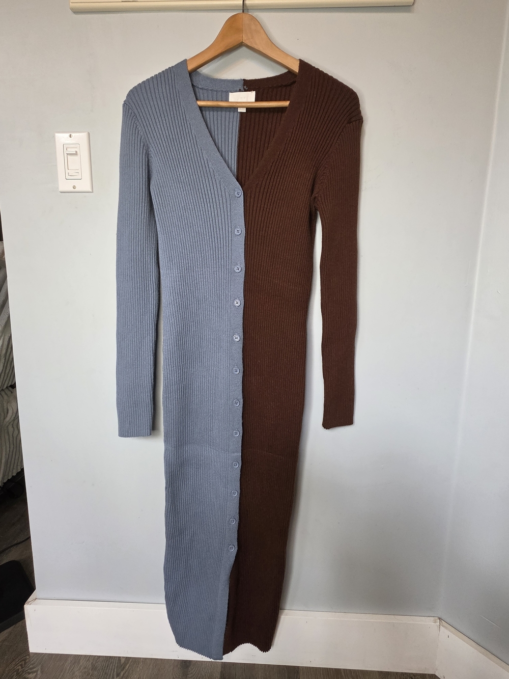 Every Colorblock Ribbed Knit Maxi Dress Blue Brown Two Tone Button Front Size L